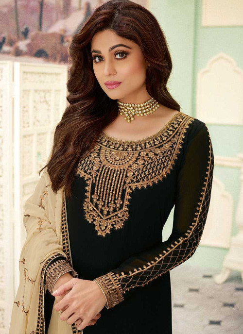 Black and Gold Embroidered Lehenga Style Anarkali Suit